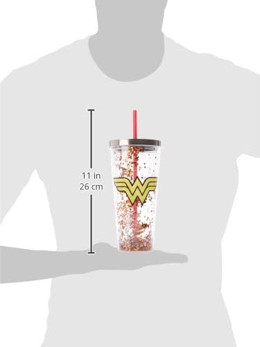 Spoontiques - 21337 Wonder Woman Logo Glitter Cup w/Straw, One Size, Red & Gold, 20 ounces...
