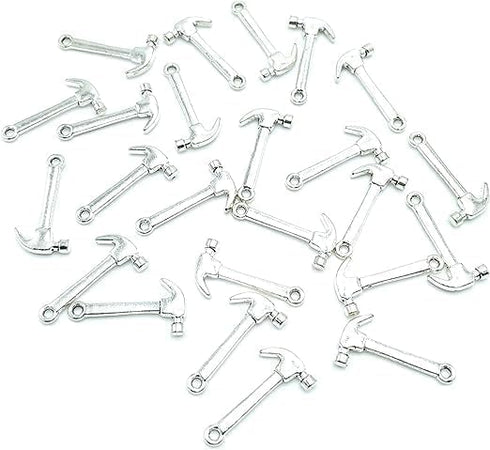 50pcs Jewelry Making Charms Hammer Pendant Ancient Silver Findings Craft for Jewellery Making Necklace Bracelet Accessories 25 X 13mm (Ancient Sil...