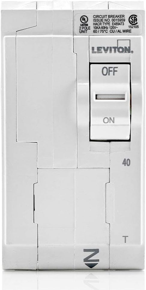 Leviton LB240-T 40A 2-Pole Plug-On Standard Branch Circuit Breaker, Thermal Magnetic, 120/240 VAC, White...