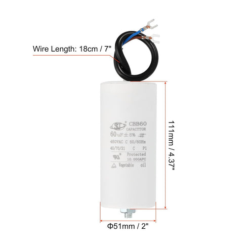 PATIKIL CBB60 60uF Running Capacitor, 2pcs AC 450V 2 Wires 50/60Hz Cylinder Bottom with Screw 111x51mm for Washing Machine,Water Pump Motor Star...