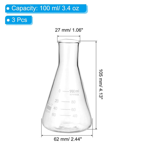 PATIKIL Erlenmeyer Flask, 3 Pcs 100ml 3.4oz Narrow Mouth Graduated Flasks Borosilicate Glass with Printed Graduation for Lab Experiment Chemistry ...