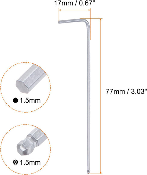 Ball End Hex Key Wrench 1.5mm L-Shape Long Arm Hexagon Metric Wrenches Chrome Vanadium Steel Repairing Tool for Home Repair, Silver Tone...