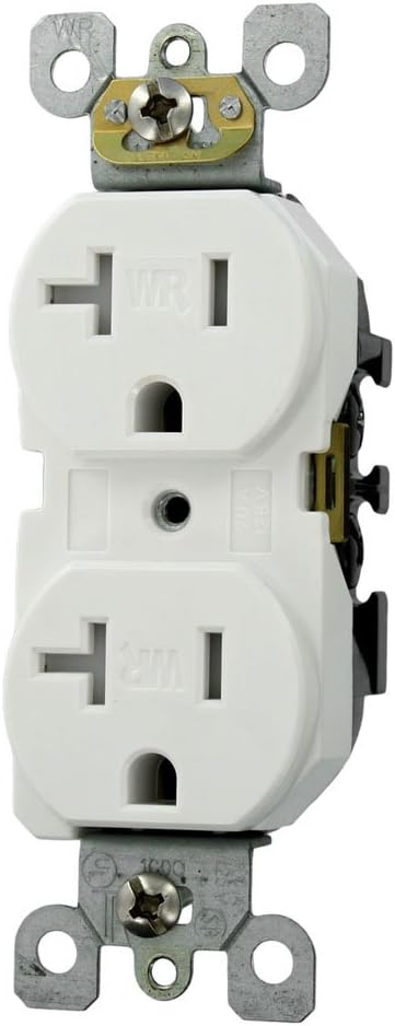 Leviton W5820-T0W Duplex Receptacle. Straight Blade, Residential grade, Self Grounding, Side Wired Only, Steel Strap, 20A Weather Resistant, White...