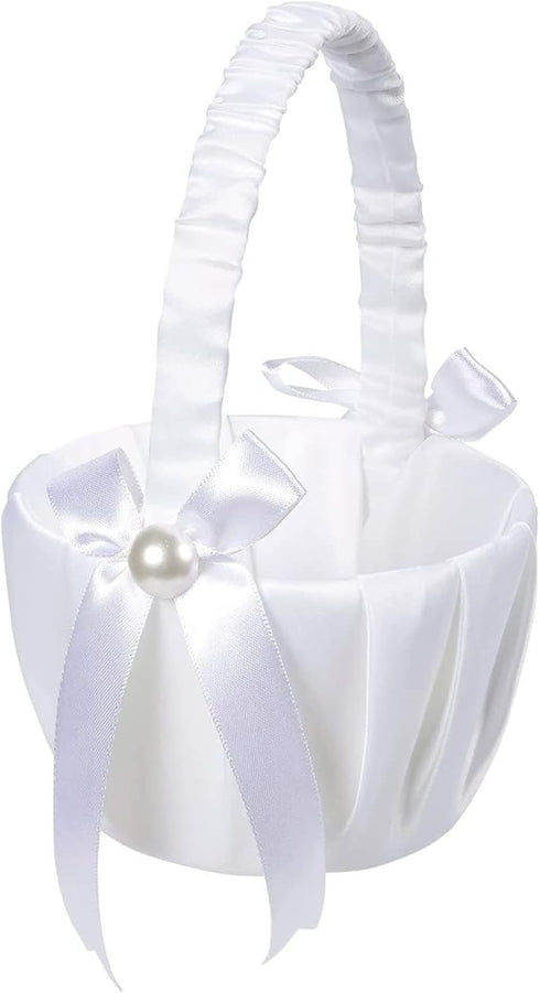 White Flower Girl Basket with Satin Bowknot & Pearl Design 8 x 5.2 x 6 Inch, Flower Petal Basket Ideal for Wedding Party, Elegant Ceremony Accesso...