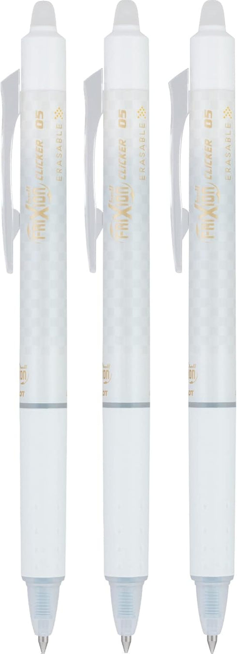 Pilot Frixion Erasable Pens 0.5 Ball Clicker Gel Ink Retractable Pen - Extra Fine Point - White Barrel - Black Ink - Pack Of 3 Pens And 2 Refills...