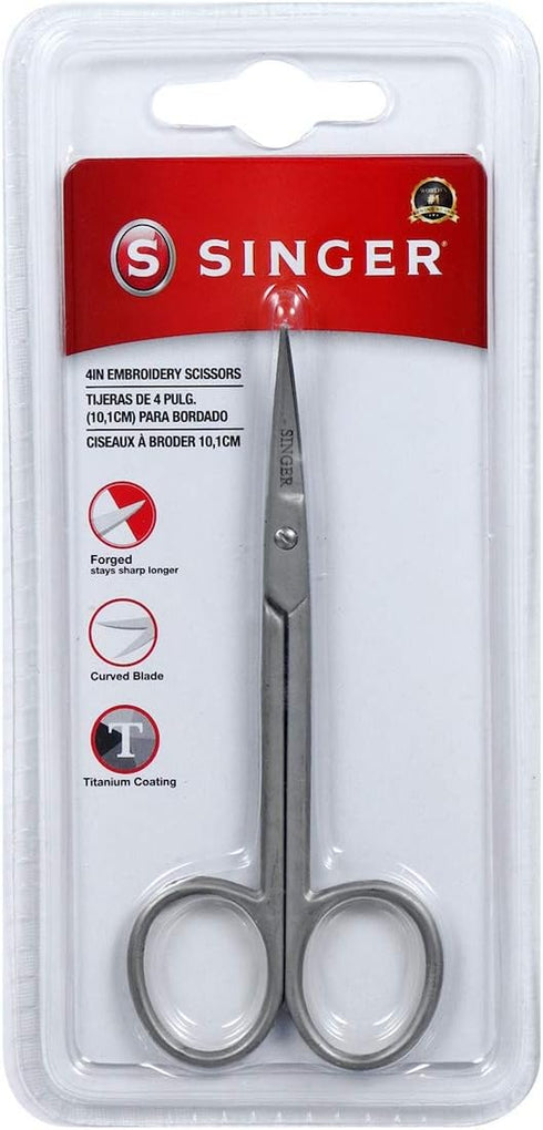 SINGER 4 Inch Forged Embroidery Scissors with Curved Tip for Sewing, Cross-Stiching, Crafts, & More (Titanium Coated, 1-Pack)...