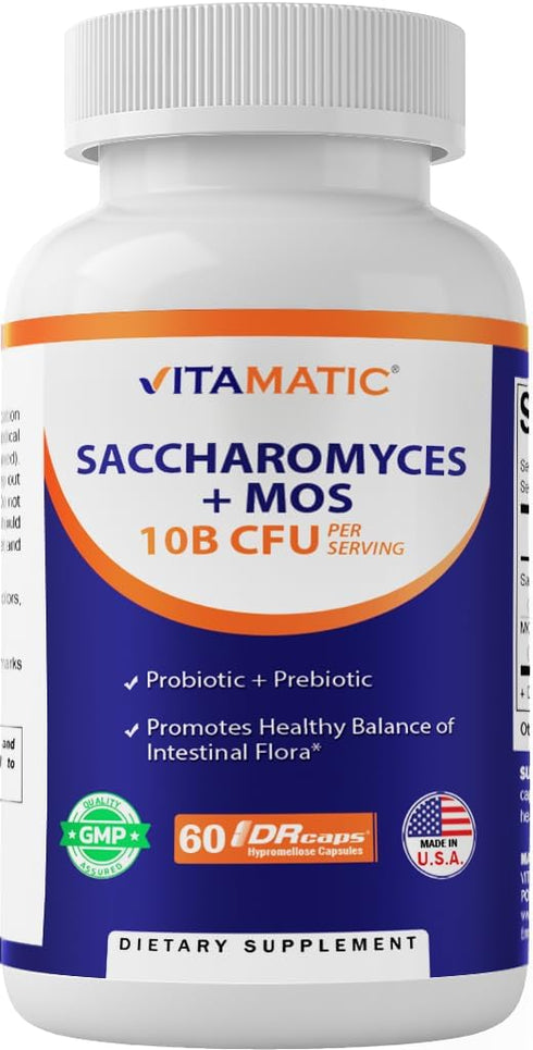 Vitamatic Saccharomyces Boulardii Probiotic 10B per Serving + Yeast Extract (MOS Yeast Fraction) 300 mg - 60 DR Capsules - Made in The USA...