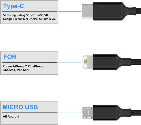 Multi 3 in 1 USB Long iPhone Charging Cable, 1.8M/5.9Ft Nylon Braided Universal Phone Charger Cord USB C/Micro USB/Lightning Connector Adapter for...