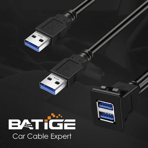 BATIGE Dual Ports Square USB 3.0 Panel Flush Mount Extension Cable with Buckle for Car Truck Boat Motorcycle Dashboard 1ft...