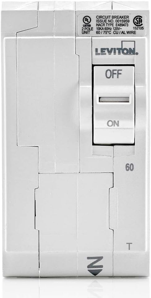 Leviton LB260-T 60A 2-Pole Plug-On Standard Branch Circuit Breaker, Thermal Magnetic, 120/240 VAC, White...