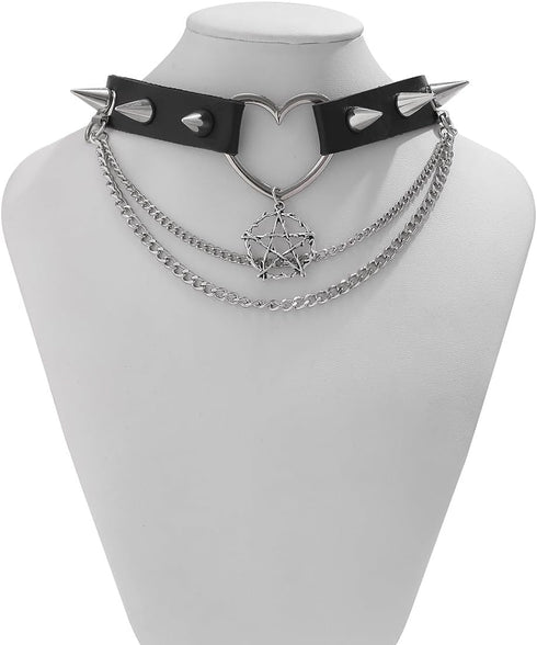 Black Choker PU Leather Spike Collar Necklace for Women,Thorn Heart Charm Choker Necklace,Goth Chain Pendant Rivet Cool Necklace,Statement Punk Je...