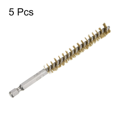 5Pcs Bore Brush Brass 10mm Dia Cleaning Twisted Bronze Wire Brush Tube Pipe Cleaner with Handle 1/4 Inch Hex Shank for Tubes, Ports, Bearings...