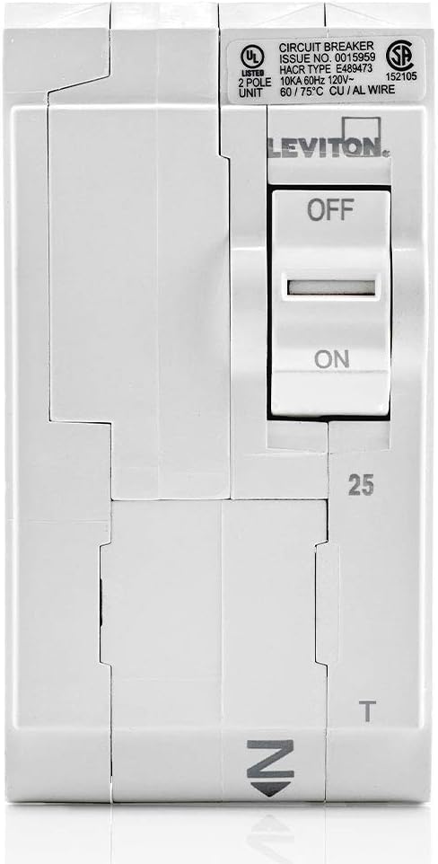 Leviton LB225-T 25A 2-Pole Plug-On Standard Branch Circuit Breaker, Thermal Magnetic, 120/240 VAC, White...