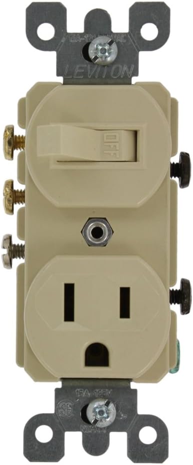 Leviton 5245-I 3-Way Duplex Combination Switch/Receptacle, 1 P, 3 Wire, 15 A, 120 Vac, Ivory......
