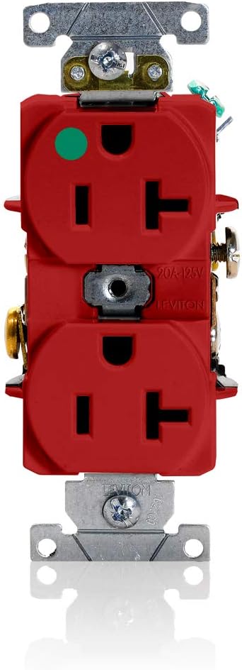 Leviton 8300-HR 20-Amp, 125-Volt, Heavy Duty Hospital Grade, Duplex Receptacle, Straight Blade, Self Grounding, Red