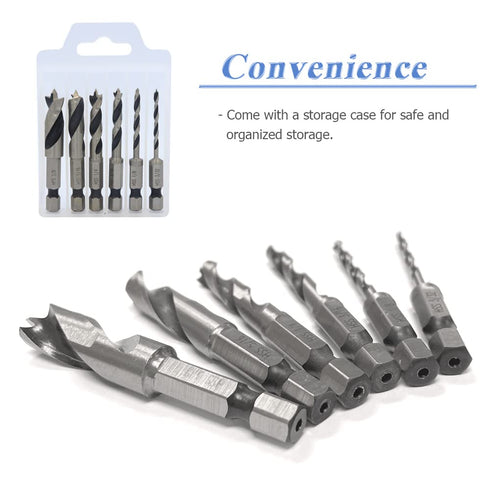Mesee 6Pcs Brad Point Stubby Drill Bits Set, HSS 4241 Steel with 1/4" Quick Change Hex Shank, Spiral Twist Bit for Metal/Aluminum Iron/Sheet Coppe...