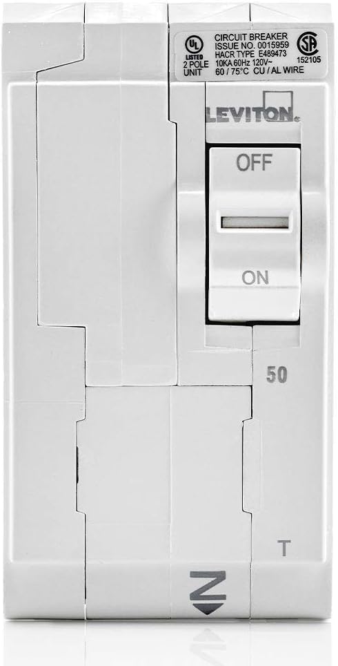 Leviton LB250-T 50A 2-Pole Plug-On Standard Branch Circuit Breaker, Thermal Magnetic, 120/240 VAC, White...
