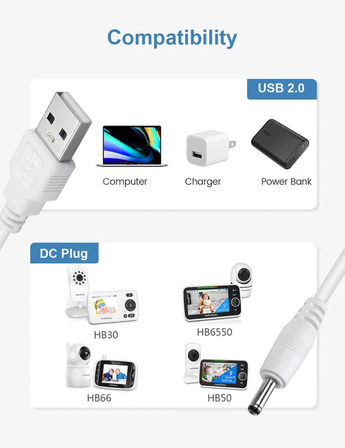 Smays Charger for HelloBaby HB66, HB50, HB6550, HB30 Baby Camera Monitor K05S050100U, 2-Pack Power Cord 5 ft...
