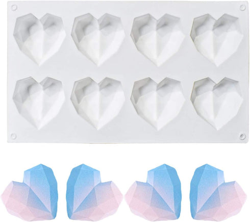 8 Grid Diamond Heart Silicone Cake Chocolate Mold Silicone Baking Pan Mold for DIY Cake Mousse Dessert 3D Diamond Love Heart Shaped Mould for Cand...