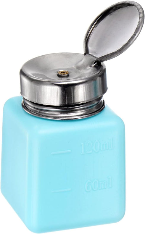 Solvent Alcohol Dispenser 120ml(4oz) Push Down Liquid Dispenser Pump with Sealing Stainless Steel Lid for Acetone Cleanser Polish Remover, Blue...