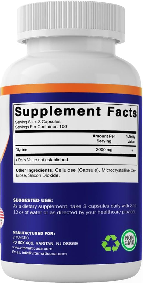 Vitamatic Glycine Supplement, 2000mg Per Serving, 300 Count, Non-GMO, Gluten Free...