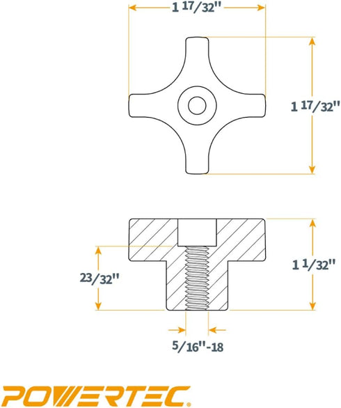 POWERTEC 5/16"-18 4 Point Knobs 5 Pack, Clamping Knobs with Steel Insert for T Track Bolts, Thumb Screw Threaded Knobs for T Track Accessories, Fe...