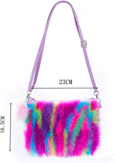 Women Girls Kids Fluffy Fuzzy Bag Plush Tie Dye Rainbow Crossbody Purse Wallet...