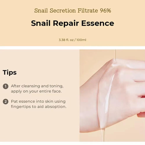 Advanced Snail Mucin 96% Power Repairing Essence 3.38 fl.oz 100ml, Hydrating Serum for Face with Snail Secretion Filtrate for Dull Skin & Fine Lin...