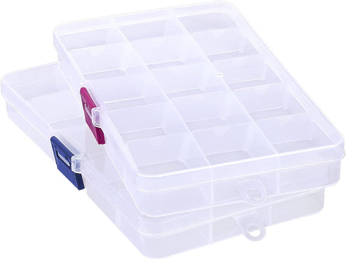 Bead Organizer Box, 2PCS 15 Compartment Craft Storage Container with Removable Divider, Plastic Empty Case for Jewelry Rhinestone Charms Crystal P...