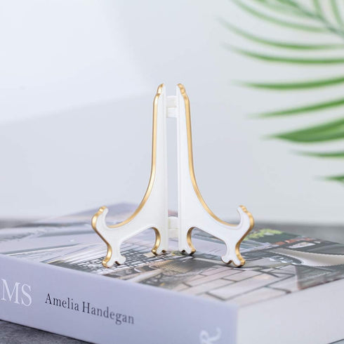 Artliving 4" White Gold Decorative Small Plate Stand Holder Plastic Picture Easel Display Stand Picture Frame Stand (2 Pack)...