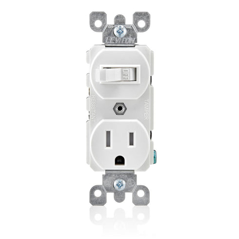Leviton T5225-W Combination, 15 Amp, 120 Volt AC Toggle Switch, and 15amp, 125 Volt 5-15R Tamper Resistant Receptacle, Grounding, White......