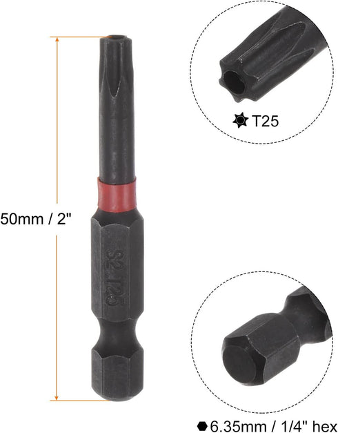 T25 Impact Rated Torx Bit 1/4" Hex Shank 2" Length Magnetic Security Star Screwdriver Power Tool...