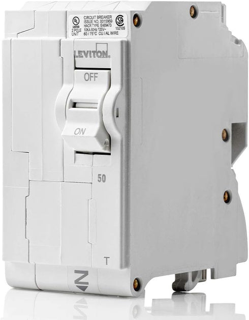 Leviton LB250-T 50A 2-Pole Plug-On Standard Branch Circuit Breaker, Thermal Magnetic, 120/240 VAC, White...
