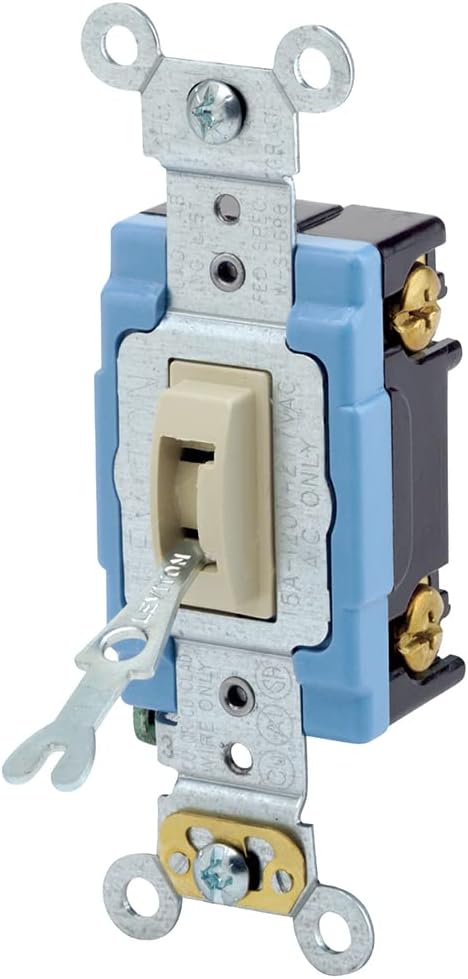 Leviton 1201-2IL 15 Amp, 120/277 Volt, Toggle Locking Single-Pole AC Quiet Switch, Extra Heavy Duty Grade, Self Grounding, Ivory, Image......