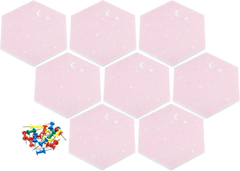 PATIKIL Hexagon Felt Board Tiles, 8 Pack Self Adhesive Mini Moon Wall Pin Bulletin Board with Push Pins for Photos Memos Home Office Decor, Pink...