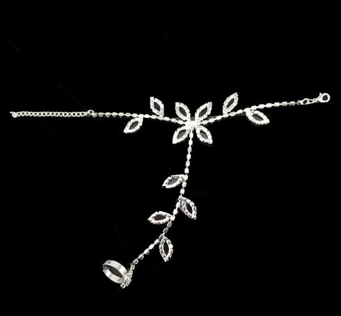 yueton Rhinestone Leaf Hand Harness Bracelet Bangle Fashion Ankle Bracelet Anklet with Chain Link Finger Ring for Women Sandals Beach Foot Jewelry...