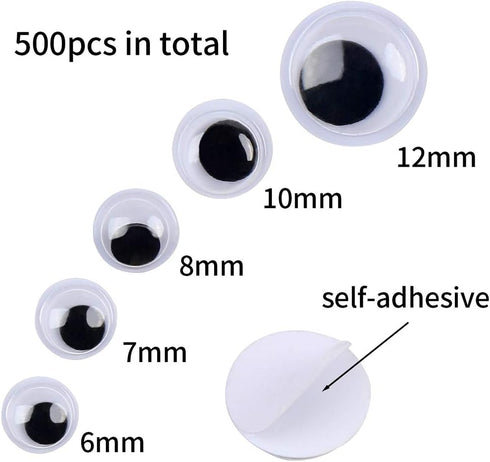 DECORA 500 Pieces 6mm -12mm Black Wiggle Googly Eyes with Self-Adhesive Backs for DIY Crafts Doll Making Sewing Supplies...