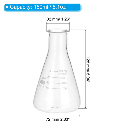 PATIKIL Erlenmeyer Flask, 150ml 5.1oz Narrow Mouth Graduated Flasks Borosilicate Glass with Printed Graduation for Lab Experiment Chemistry Scienc...