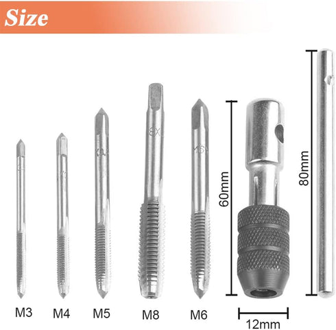 Mesee 6 Pcs Tap Wrench Tool Set, Adjustable T-Handle Ratchet Tap Holder Wrench Machine Screw Thread Metric Plug T-Taps with M3 M4 M5 M6 M8 Taps fo...