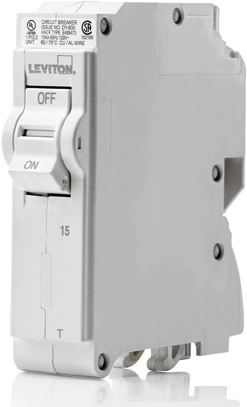 Leviton LB115-T 15A 1-Pole Plug-On Standard Branch Circuit Breaker, Thermal Magnetic, 120 VAC, White...