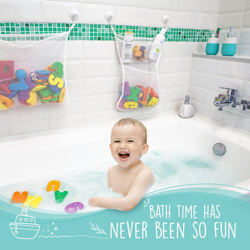 Comfylife 2 x Mesh Bath Toy Organizer + 6 Ultra Strong Hooks + 36 Bath Letters & Numbers – Eco-Safe, Fun, Educational Foam Letters and Perfect Toy...