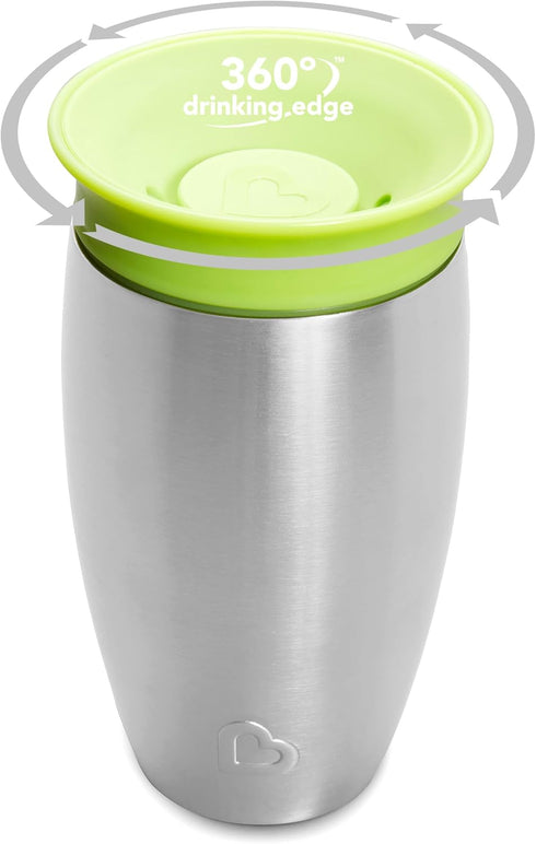 Munchkin Stainless Steel Sippy Cups for Toddlers 1-3, Spill Proof Miracle 360 Cup, Insulated, 10 Ounce, Green...