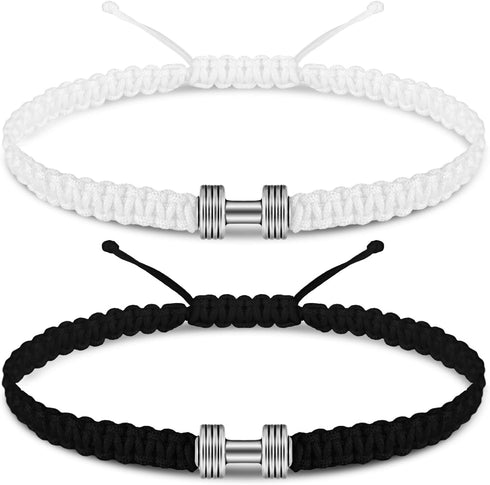 12 Pcs Woven Dumbbell Bracelet Black White Fitness Motivational Dumbbell Charm Adjustable Bracelet Dumbbell Bracelet for Men Women Bracelet Gym Yo...