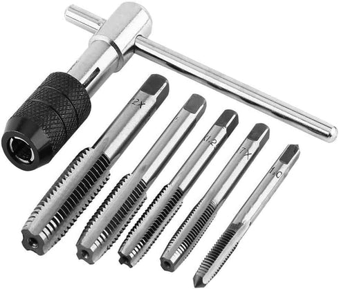 Mesee 6 Pcs Tap Wrench Tool Set, Adjustable T-Handle Ratchet Tap Holder Wrench Machine Screw Thread Metric Plug T-Taps with M3 M4 M5 M6 M8 Taps fo...