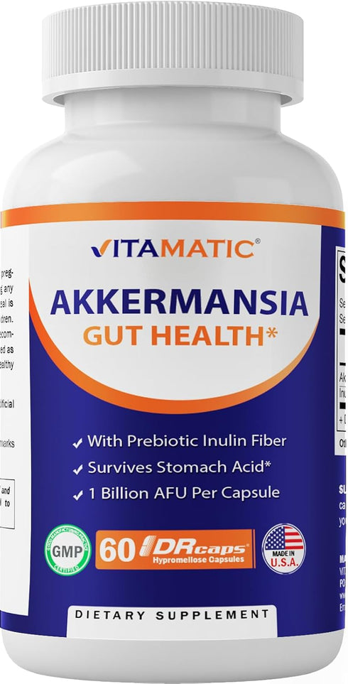 Vitamatic Akkermansia Muciniphila Gut Health - 60 DR Capsules (Delayed Released) - Made with Prebiotic Inulin Fiber...