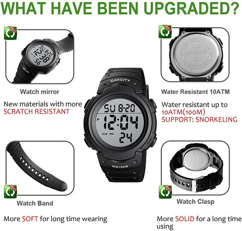 CakCity Digital Sport Watches for Men Waterproof 100M Wrist Watches with Alarm Stopwatch LED Large Display Black - Upgraded Version...