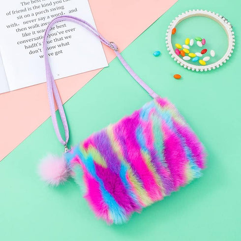 Women Girls Kids Fluffy Fuzzy Bag Plush Tie Dye Rainbow Crossbody Purse Wallet...