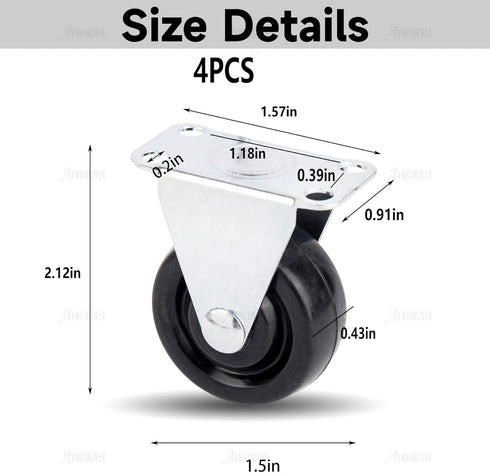 AUEAR, 4 Pack 1.5 Inch Rubber Caster Wheels Heavy Duty Fixed Black Casters with Rigid Non-Swivel Top Plate for Furniture...