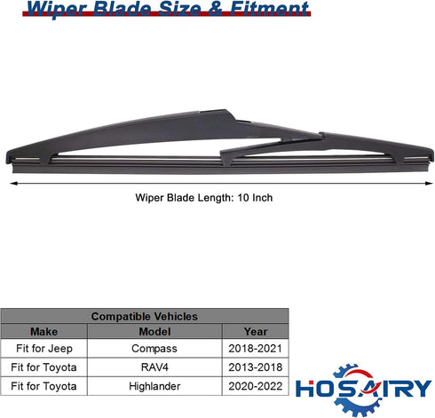 Rear Windshield Wiper Blade for Jeep Compass 2018-2021, for Toyota RAV4 2013-2018, for Toyota Highlander 2020-2022 Rear Wiper Blade, 10 inch (Pack...