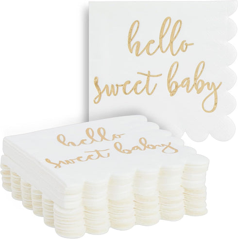 50 Pack 5x5 Inch White Scalloped Napkins with Gold Foil Hello Sweet Baby - Gender Neutral Baby Shower Napkins & Table Decor for Boy Girl Sprinkle ...